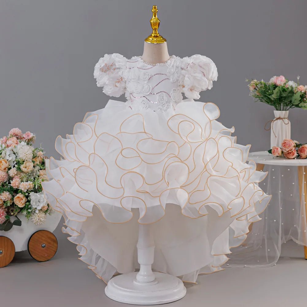 Girls' birthday dress 2026 New Girls' Puff Sleeve Train Princess Dress Elegant wedding flower girl dress Carnival Choir Fashion - lily supply