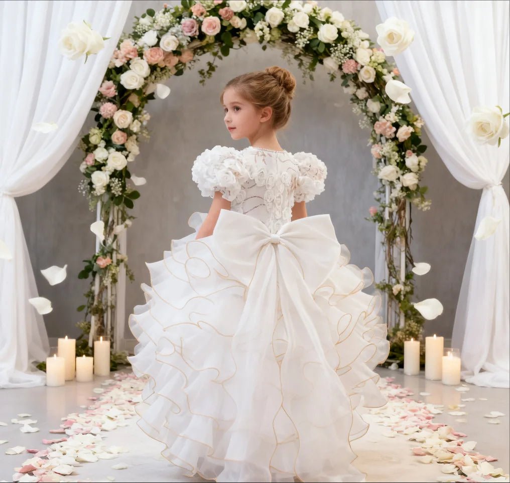 Girls' birthday dress 2026 New Girls' Puff Sleeve Train Princess Dress Elegant wedding flower girl dress Carnival Choir Fashion - lily supply
