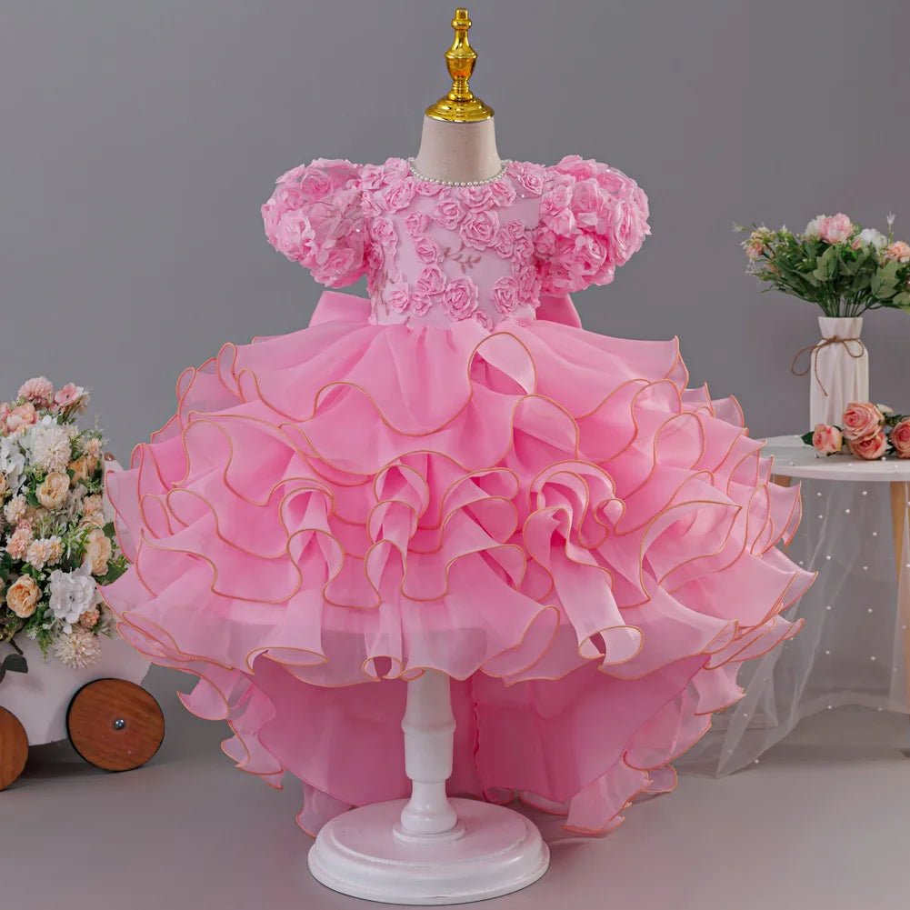 Girls' birthday dress 2026 New Girls' Puff Sleeve Train Princess Dress Elegant wedding flower girl dress Carnival Choir Fashion - lily supply