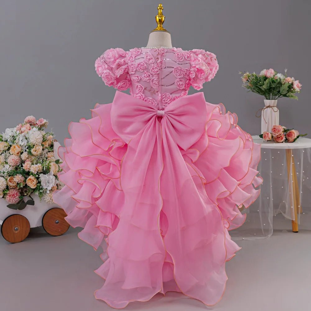 Girls' birthday dress 2026 New Girls' Puff Sleeve Train Princess Dress Elegant wedding flower girl dress Carnival Choir Fashion - lily supply