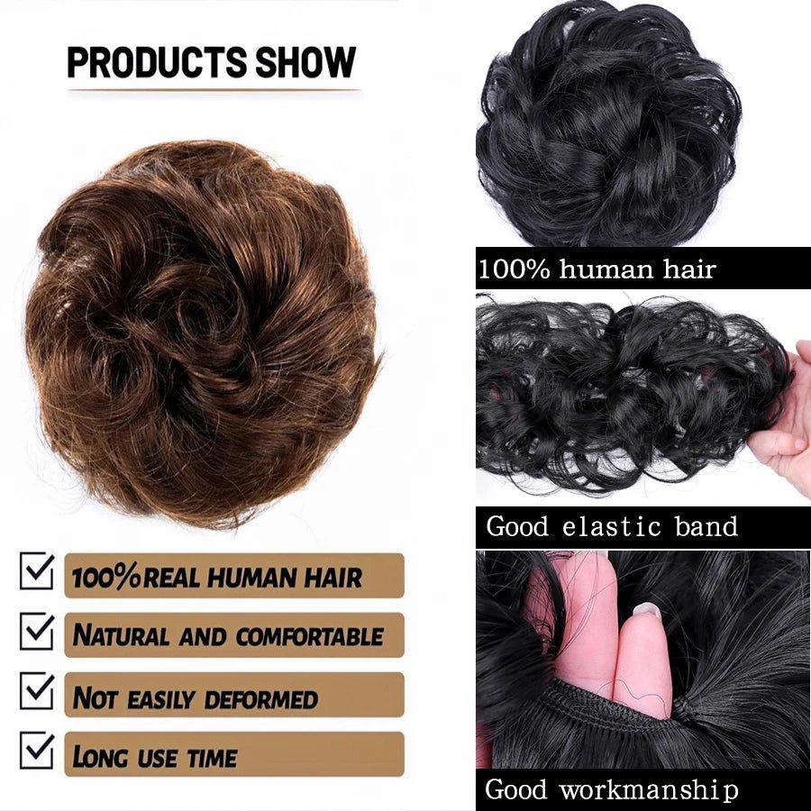 Human Hair Messy Bun Chignon Extension - Soft Curly Wavy Updo Scrunchie - lily supply