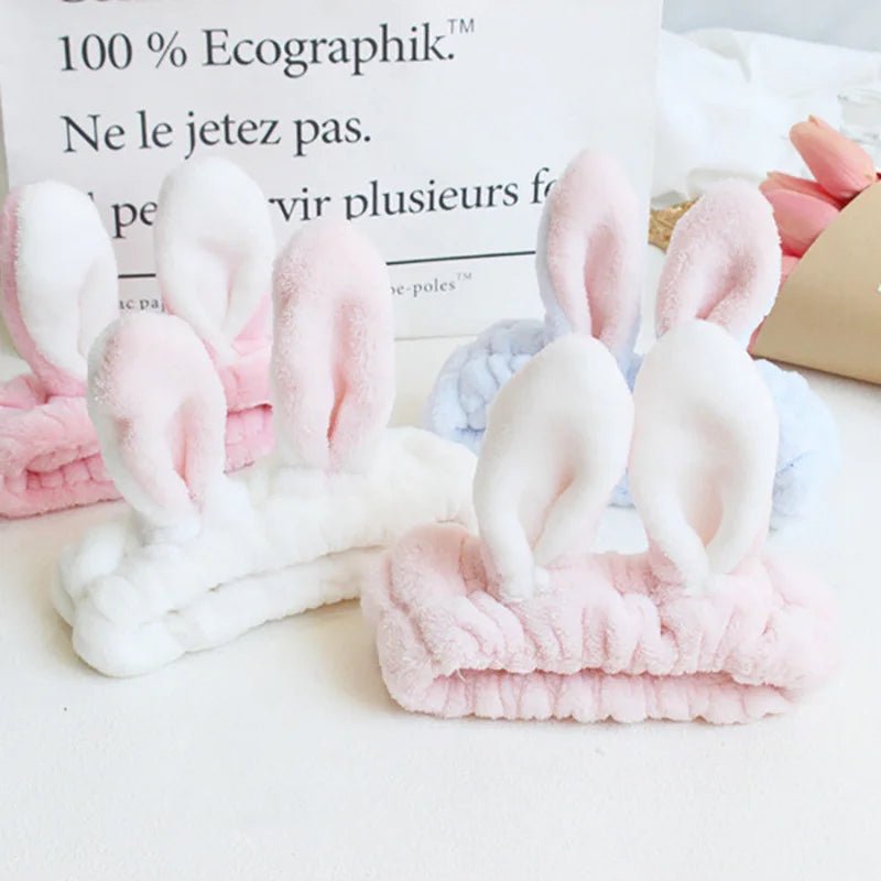 Face Wash Makeup Headband Bow Coral Fleece Rabbit ears Hairbands Women Girls Elastic Hair Bands Soft Turban Hair Accessories - lily supply