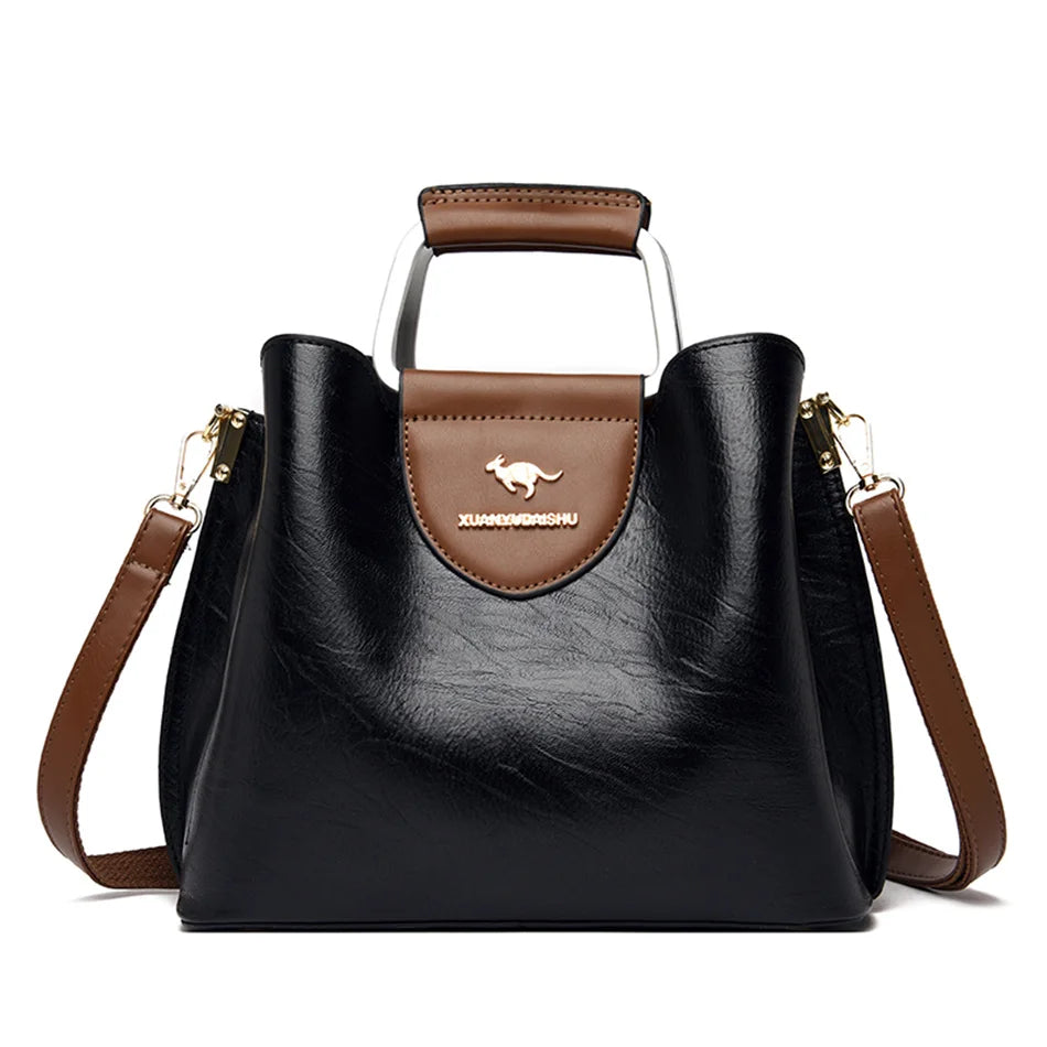 Women's 3-Layer Oil Skin Leather Luxury Designer Crossbody Tote Bag