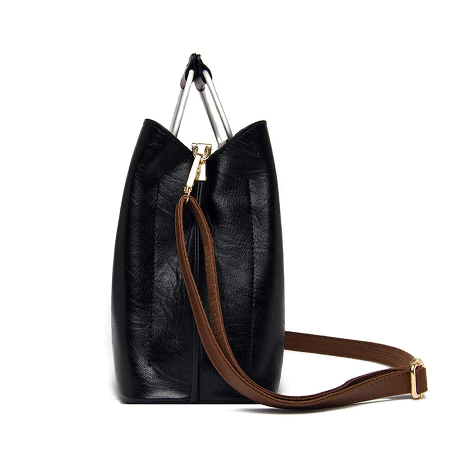 Women's 3-Layer Oil Skin Leather Luxury Designer Crossbody Tote Bag