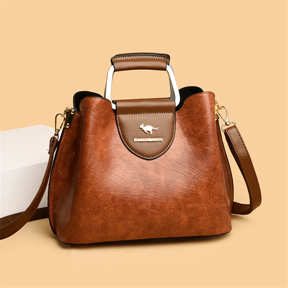 Women's 3-Layer Oil Skin Leather Luxury Designer Crossbody Tote Bag