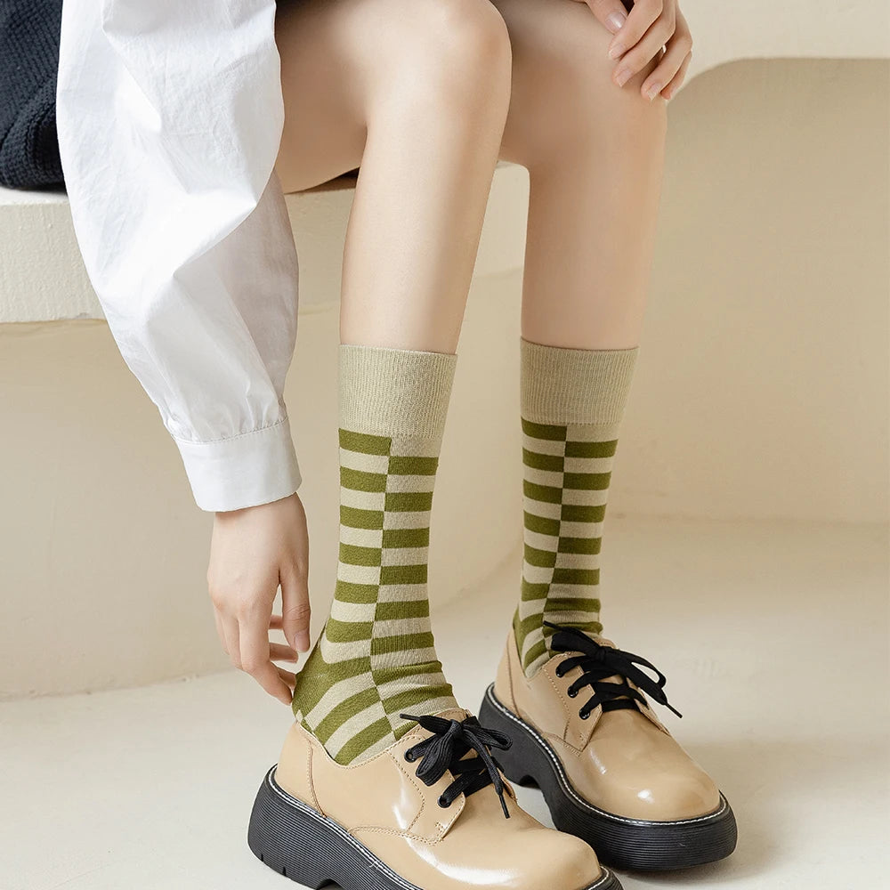 Salina Women's Combed Cotton Mid Tube Calf Socks - Retro Fashion Leisure Sports