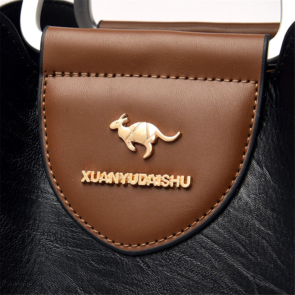 Women's 3-Layer Oil Skin Leather Luxury Designer Crossbody Tote Bag