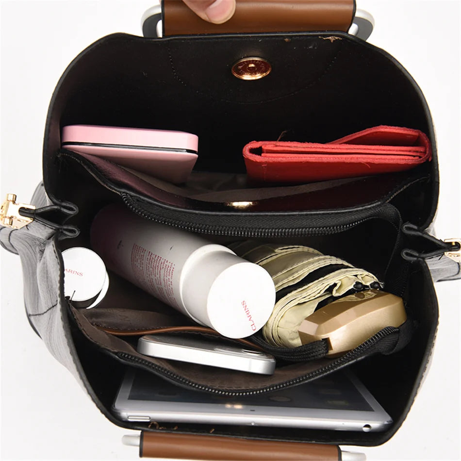 Women's 3-Layer Oil Skin Leather Luxury Designer Crossbody Tote Bag