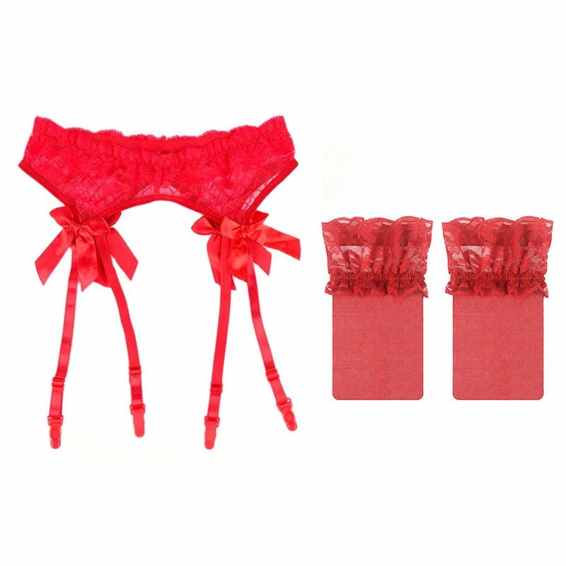 Black/Red/Pink/White Lace Bow Garters Belt Women Sexy Transparent Lingerie Adjustable Suspender Belt For Thigh High Stockings