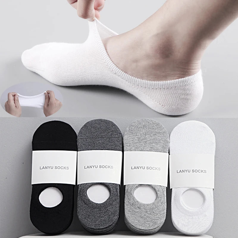 Men's Invisible Silicone Ankle Boat Socks - 5 Pairs Cotton No-Show Slippers