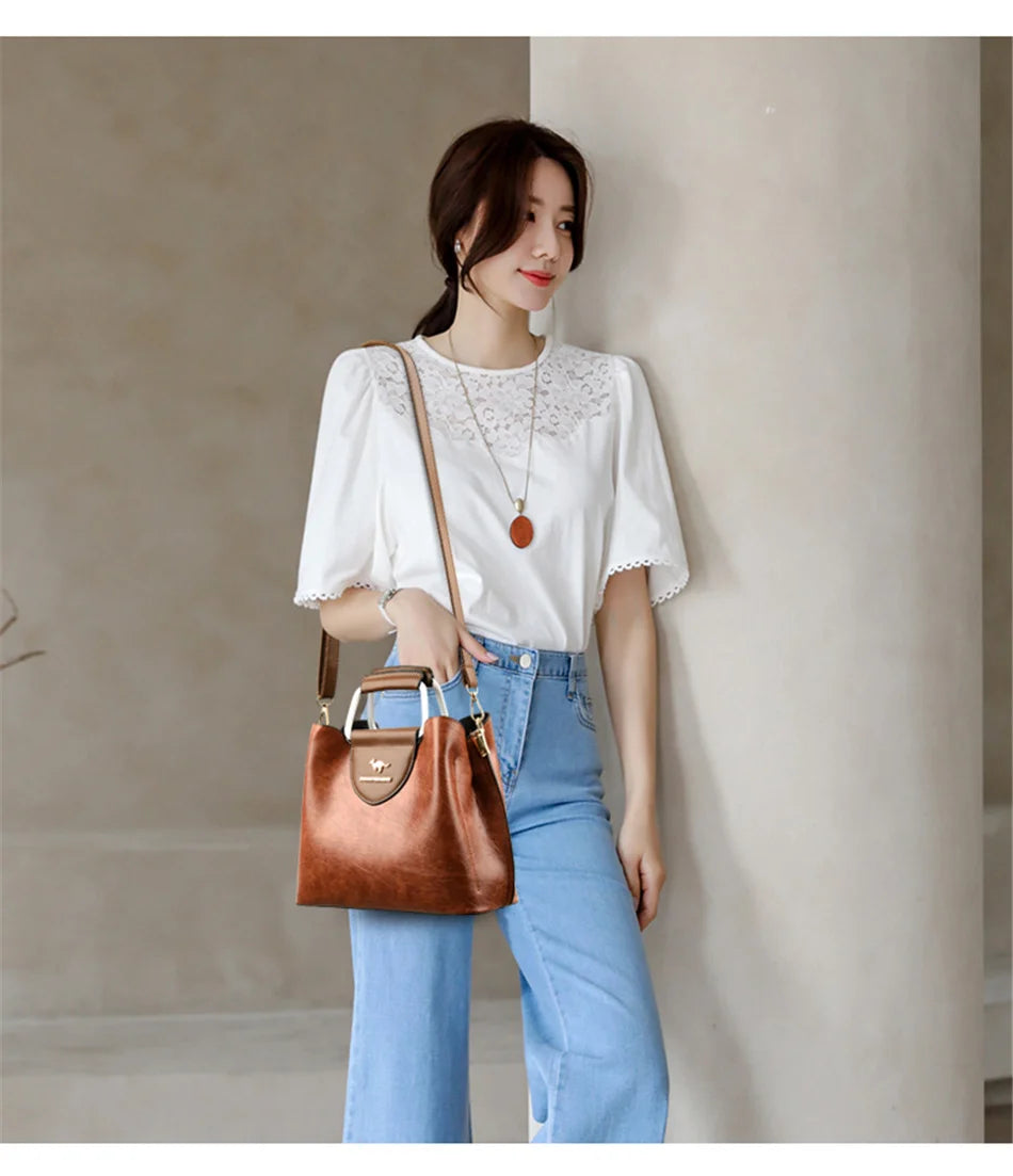 Women's 3-Layer Oil Skin Leather Luxury Designer Crossbody Tote Bag