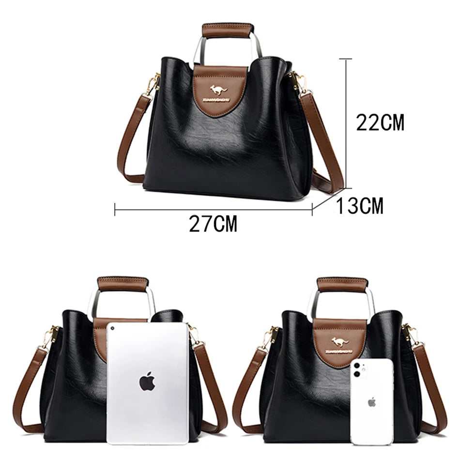 Women's 3-Layer Oil Skin Leather Luxury Designer Crossbody Tote Bag