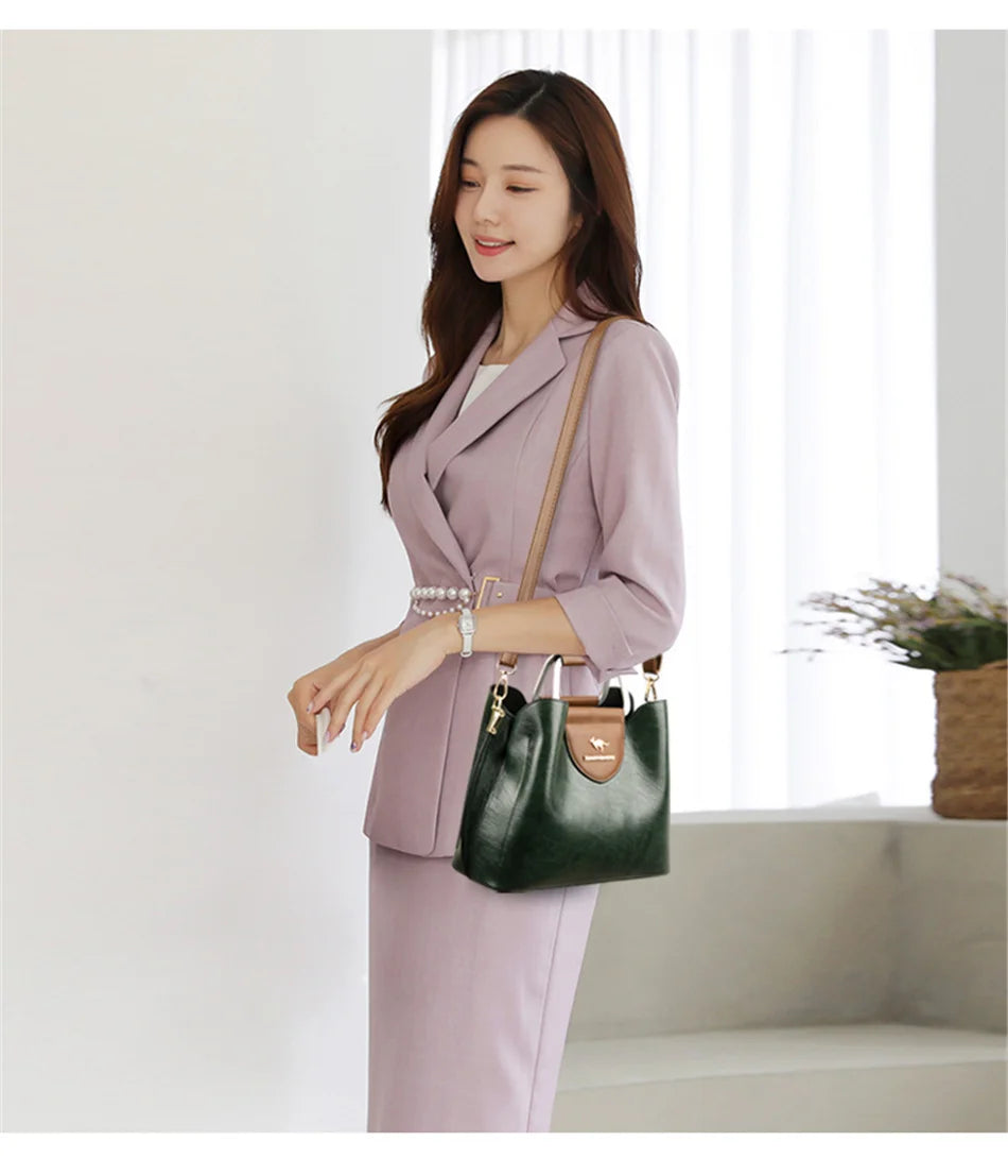 Women's 3-Layer Oil Skin Leather Luxury Designer Crossbody Tote Bag