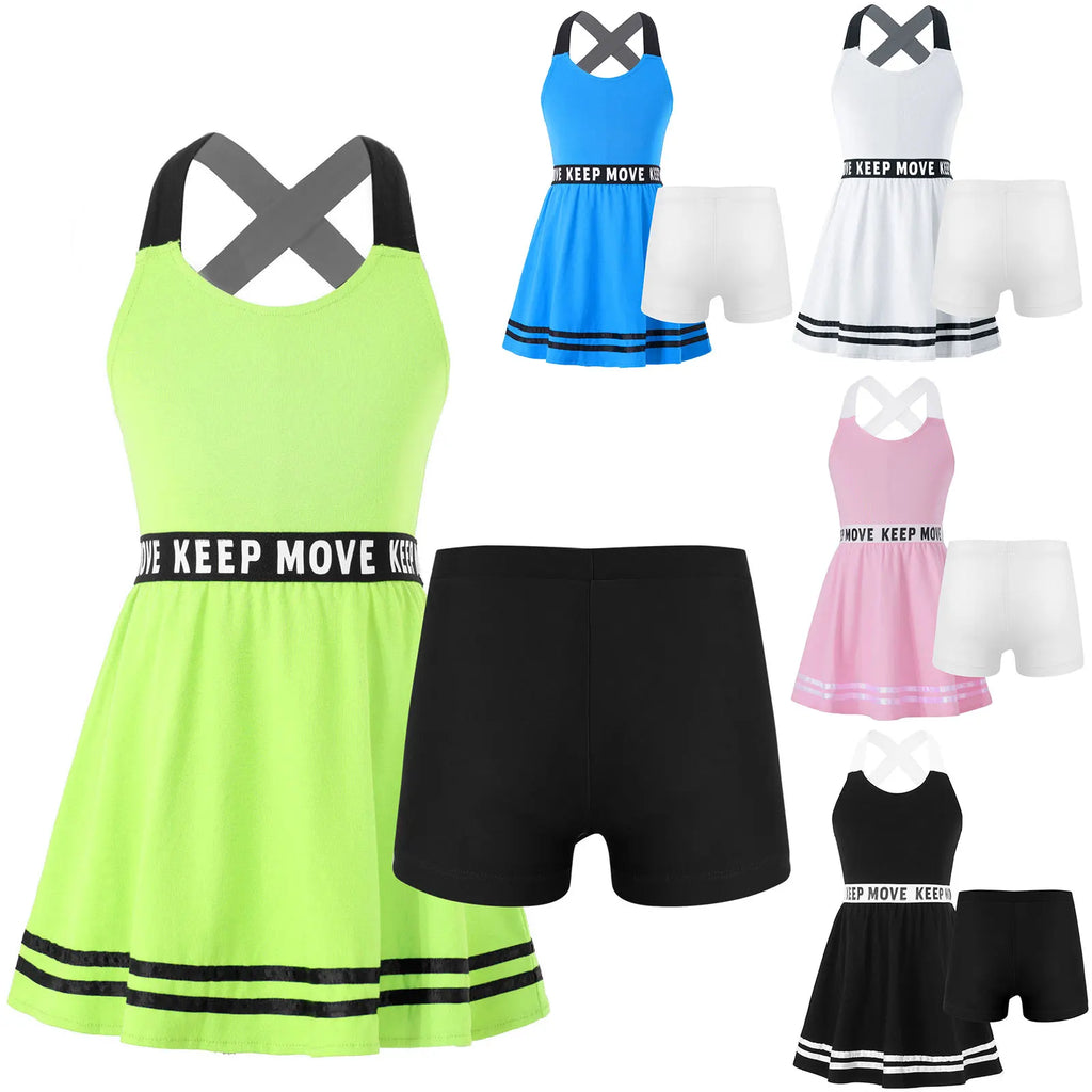 Children Girls Sports Dress Sleeveless Backless Letter Print Dresses with Shorts Set Tracksuit Tennis Gym Workout Sportswear - lily supply