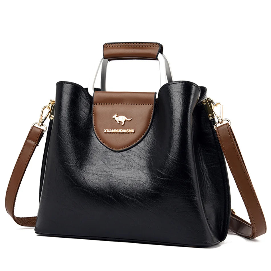 Women's 3-Layer Oil Skin Leather Luxury Designer Crossbody Tote Bag
