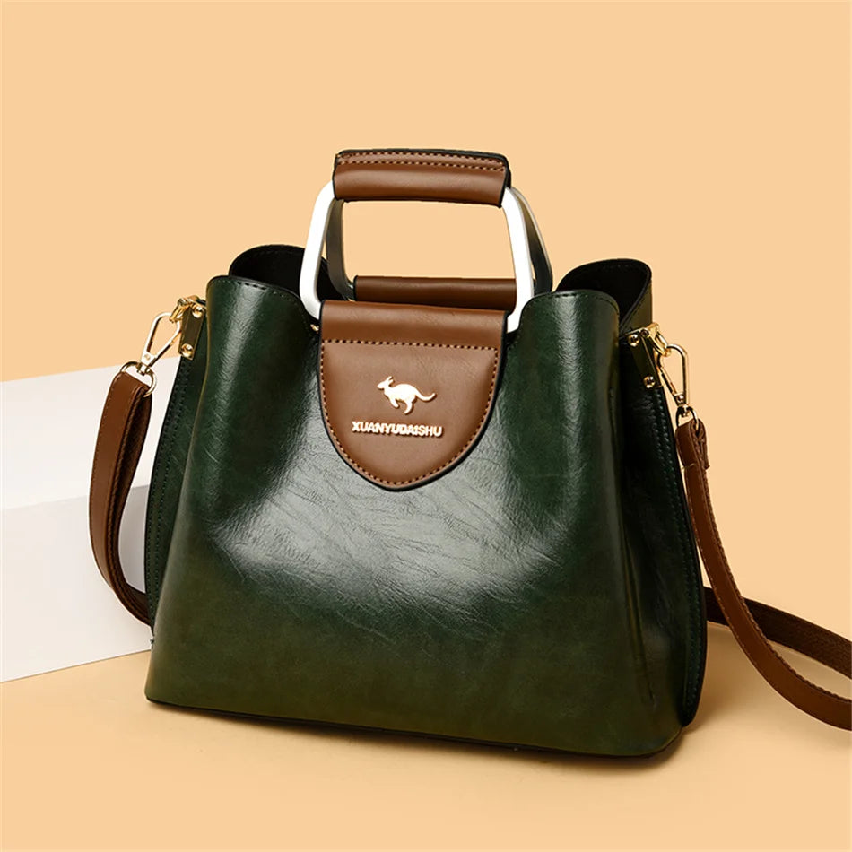 Women's 3-Layer Oil Skin Leather Luxury Designer Crossbody Tote Bag