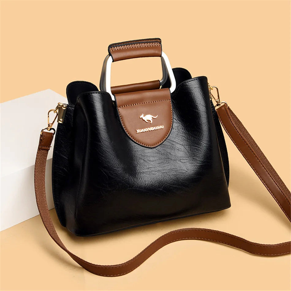 Women's 3-Layer Oil Skin Leather Luxury Designer Crossbody Tote Bag
