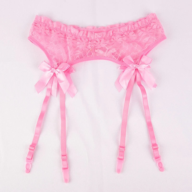 Black/Red/Pink/White Lace Bow Garters Belt Women Sexy Transparent Lingerie Adjustable Suspender Belt For Thigh High Stockings