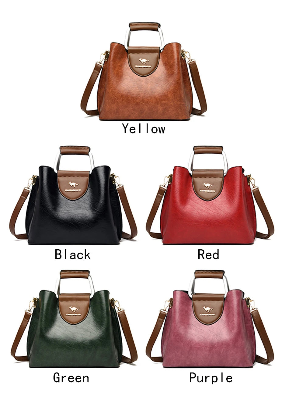 Women's 3-Layer Oil Skin Leather Luxury Designer Crossbody Tote Bag