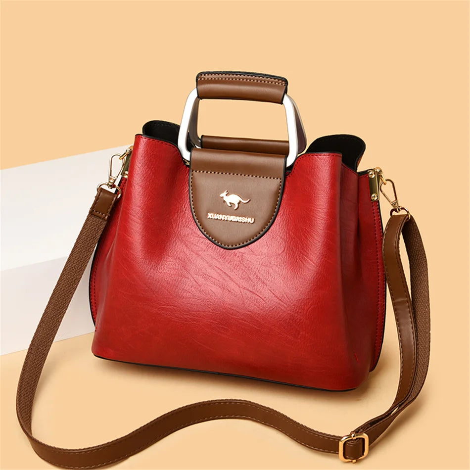 Women's 3-Layer Oil Skin Leather Luxury Designer Crossbody Tote Bag
