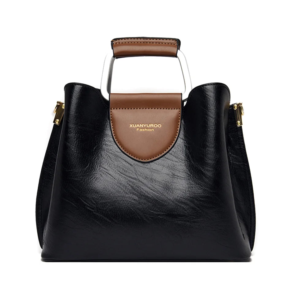 Women's 3-Layer Oil Skin Leather Luxury Designer Crossbody Tote Bag