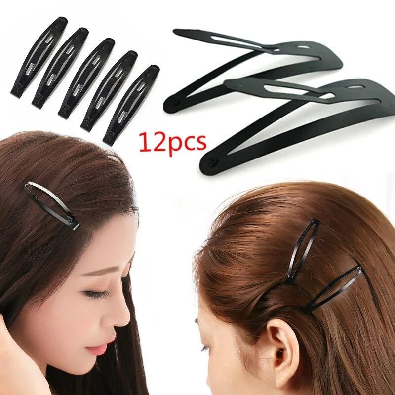 12pcs Simple Black Straight Hair Clips - Snap Barrettes for Women - lily supply