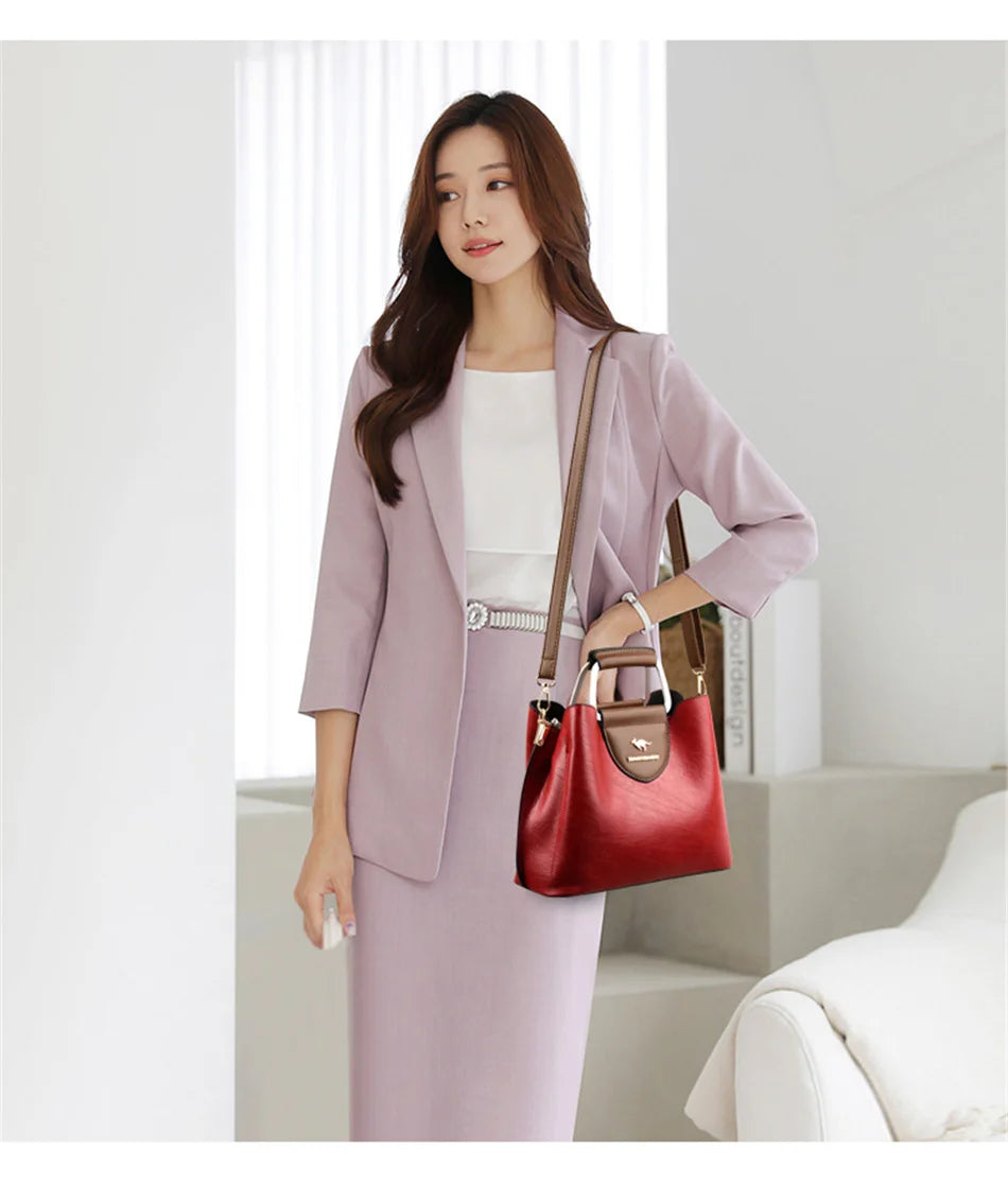 Women's 3-Layer Oil Skin Leather Luxury Designer Crossbody Tote Bag