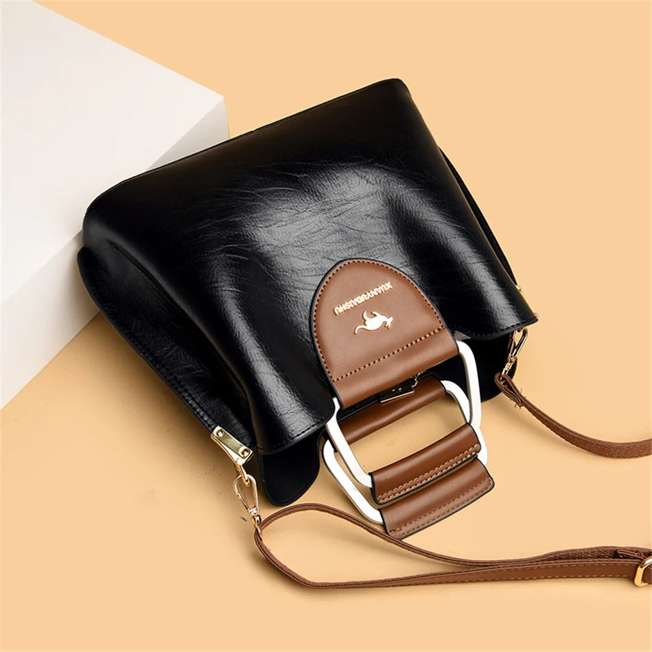 Women's 3-Layer Oil Skin Leather Luxury Designer Crossbody Tote Bag