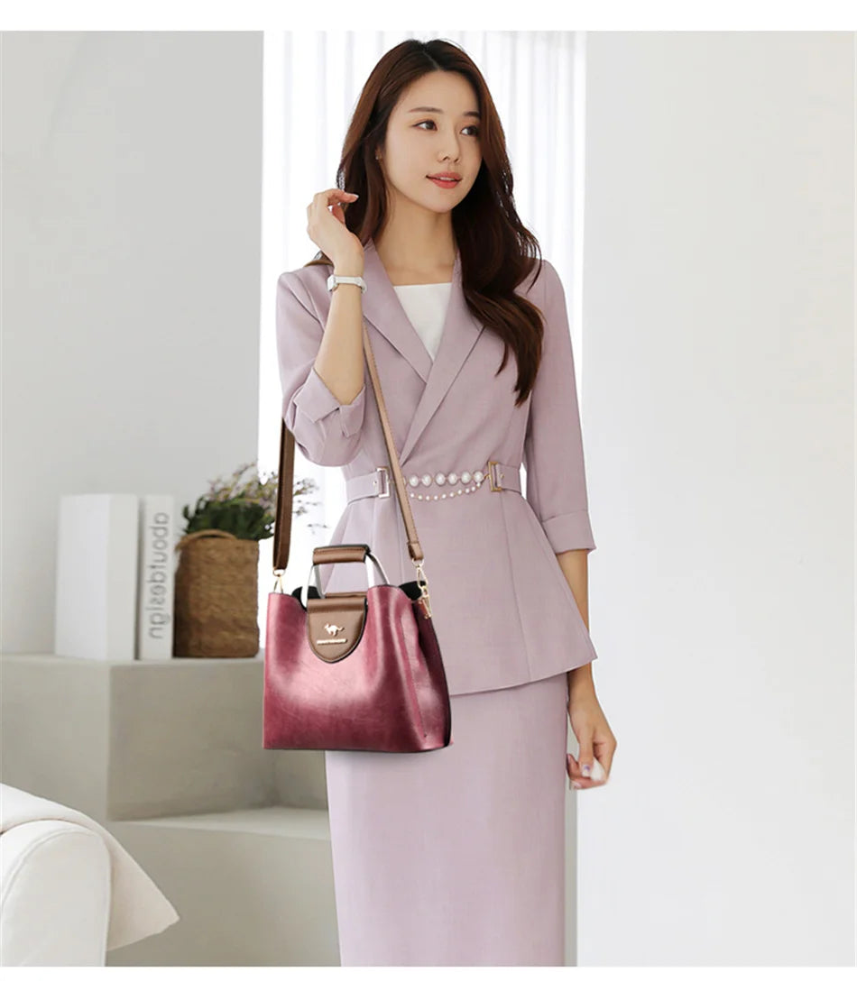 Women's 3-Layer Oil Skin Leather Luxury Designer Crossbody Tote Bag