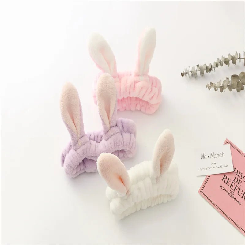 Face Wash Makeup Headband Bow Coral Fleece Rabbit ears Hairbands Women Girls Elastic Hair Bands Soft Turban Hair Accessories - lily supply