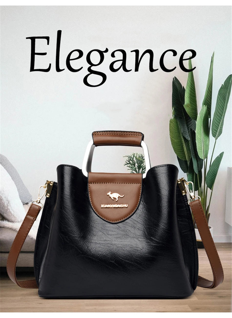 Women's 3-Layer Oil Skin Leather Luxury Designer Crossbody Tote Bag