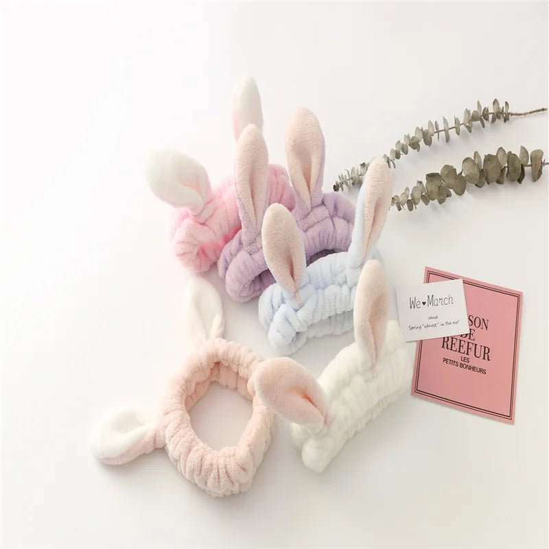 Face Wash Makeup Headband Bow Coral Fleece Rabbit ears Hairbands Women Girls Elastic Hair Bands Soft Turban Hair Accessories - lily supply