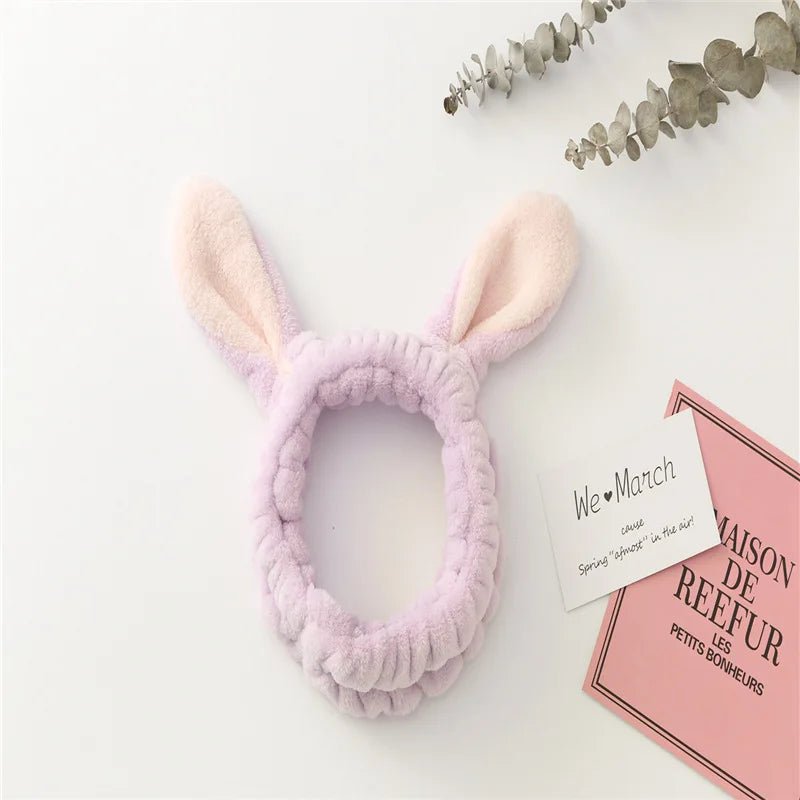 Face Wash Makeup Headband Bow Coral Fleece Rabbit ears Hairbands Women Girls Elastic Hair Bands Soft Turban Hair Accessories - lily supply