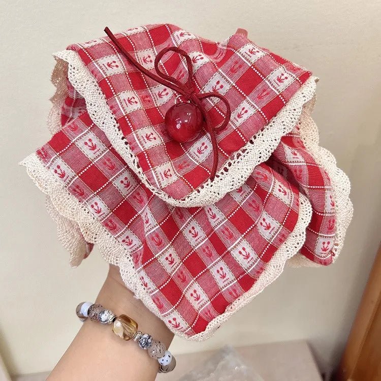 Red Check Cherry Lace Scrunchie - Sweet Square Scarf Hair Rope - lily supply