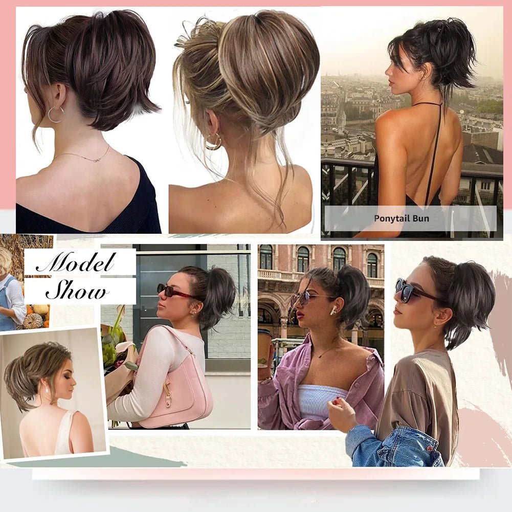 Short Straight Synthetic Messy Bun Hair Extensions - Elastic Scrunchies - lily supply