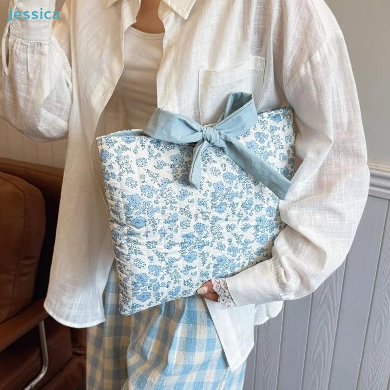 Blue Floral Bow Cotton Linen Tote Bag - Lightweight Daily & Beach Shoulder Bag - lily supply