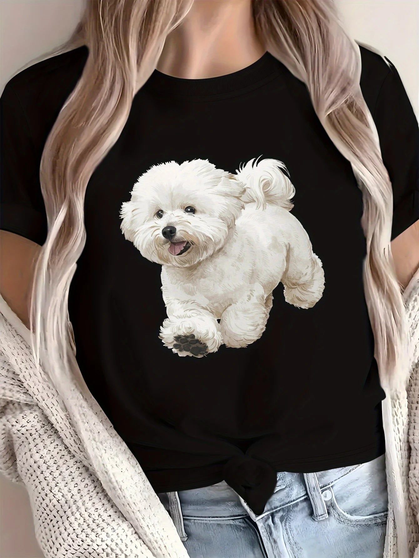 Women's White Cute Bichon Frise Graphic T-Shirt Soft Breathable Solid Color Everyday Casual Top Animal Print graphic t shirts