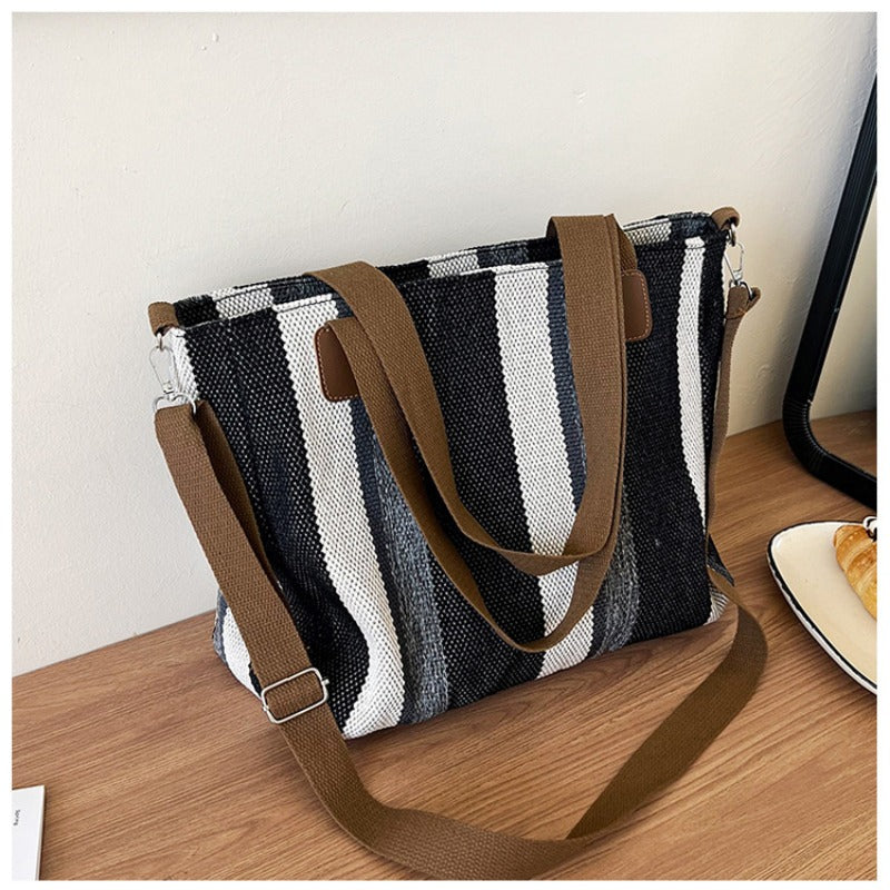 Women's Striped Canvas Crossbody Shoulder Bag - Large Tote 2023