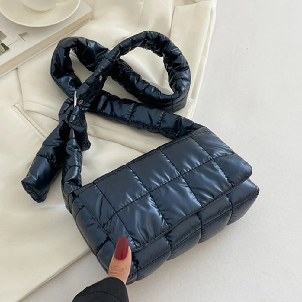 Fashion Quilted Padded Tote Bag - Warm Down Cotton Plaid Shoulder Bag