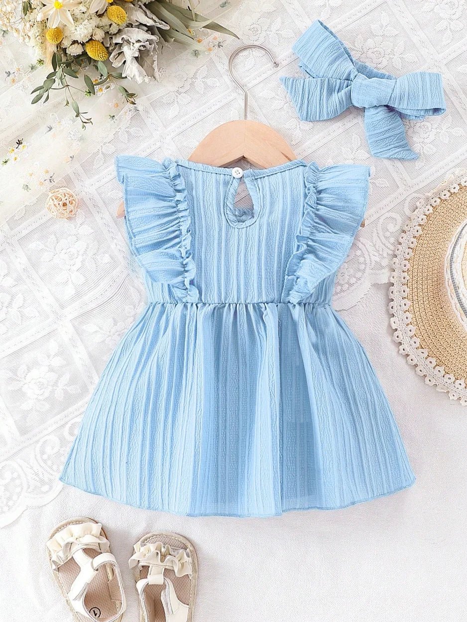 Baby girl Summer Blue dress with Ruffled Edges and Bow, Sweet and Cute Style Dress suitable for 0 - 3 Year old Cute Baby girls - lily supply