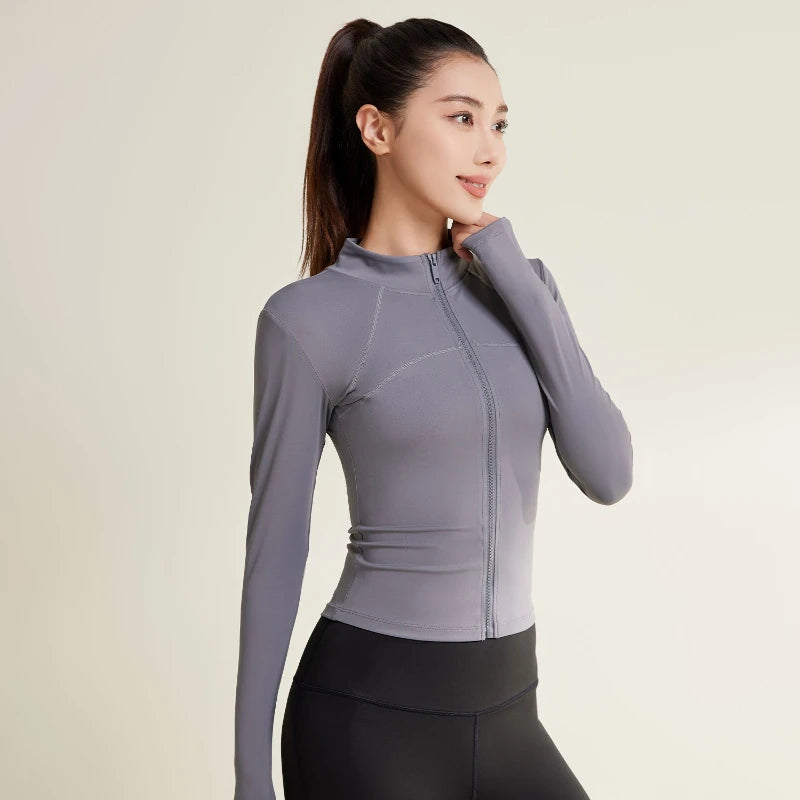 Women's Slim Zip Sports Yoga Coat - Long Sleeve Gym Running UV Protection