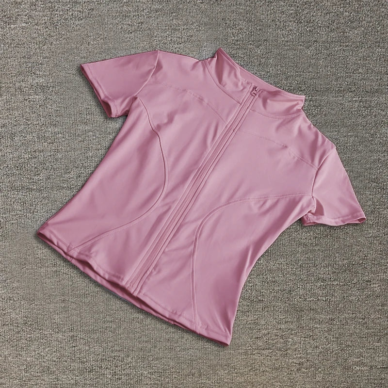 Women's Waist Slimming Yoga Shirt - Full Zip Stand Collar Short Sleeve