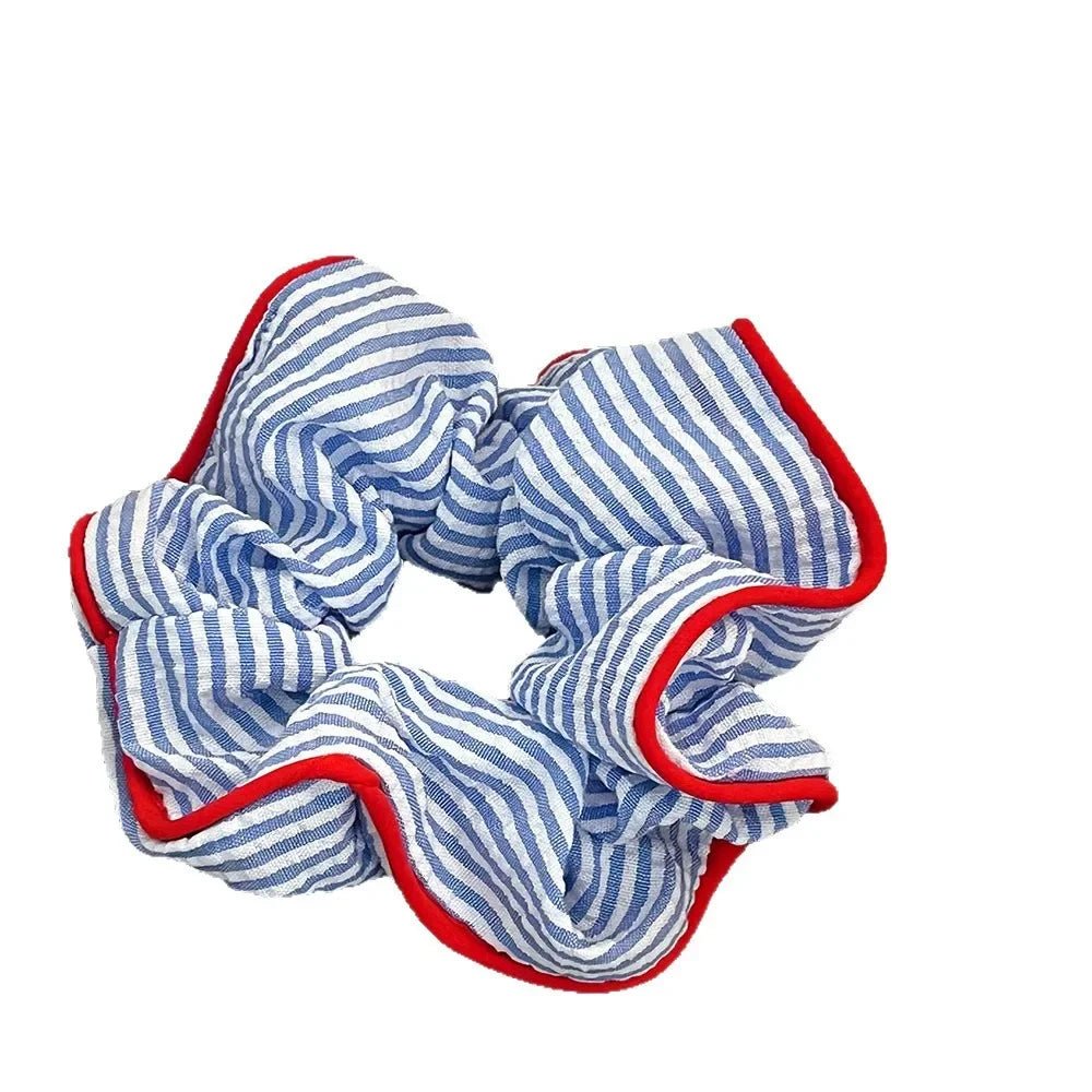 Red Hem Blue Striped Scrunchie - Sweet Fresh Elastic Hair Tie - lily supply