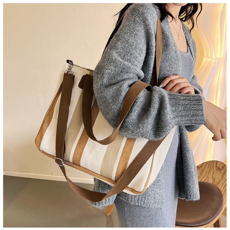 Women's Striped Canvas Crossbody Shoulder Bag - Large Tote 2023
