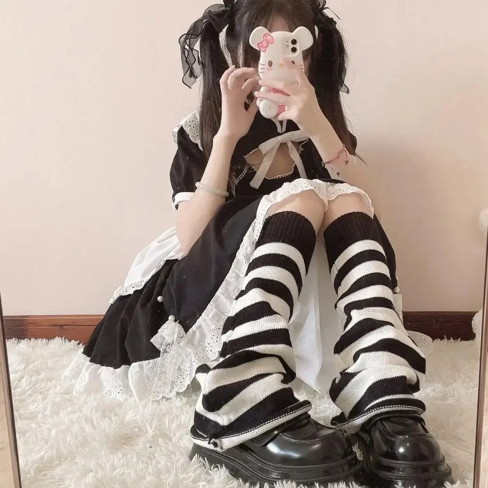Black White Lolita Long Socks Knitted Japanese Winter Socks Gothic Women's Striped Leg Warmers Arm Ankle Warmers Wide Legs Cover
