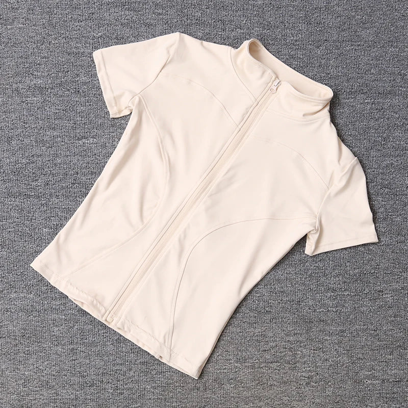 Women's Waist Slimming Yoga Shirt - Full Zip Stand Collar Short Sleeve