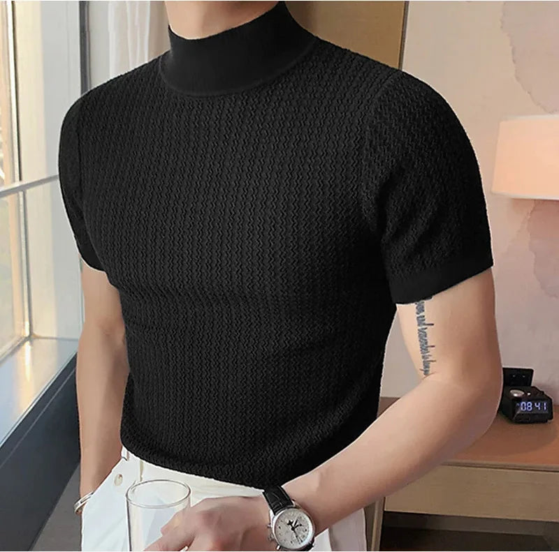 Men's High Neck Knitted Water Ripple T-Shirt