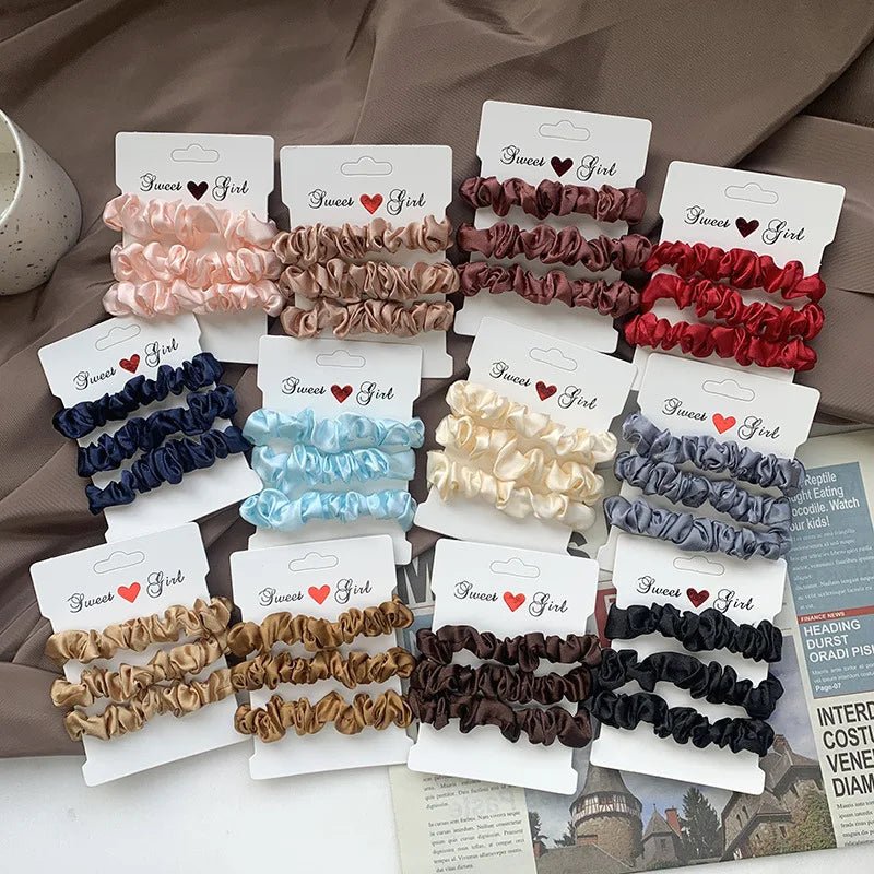 3pcs Silk Satin Solid Colour Pleated Scrunchies Set - lily supply