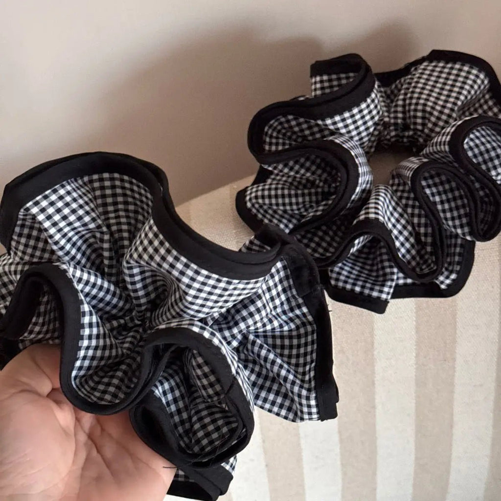 Large Black & White Checked Plaid Scrunchie - Ponytail Holder Hair Hoop - lily supply