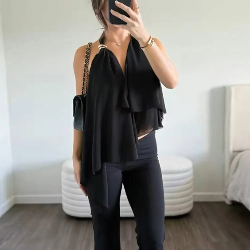 Women's Off Shoulder Halter Backless Ruffled Top
